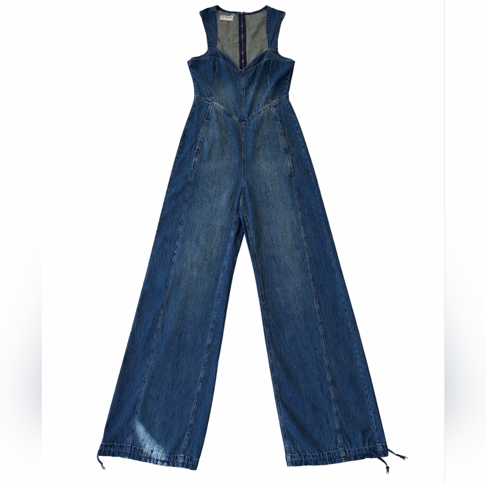 Free People We The Free Denim Wide Leg Jumpsuit Size M Boho Sleeveless Zip Back - Picture 2 of 15